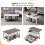 Table basse relevable blanche et marron avec bacs de rangement, usage 1 personne