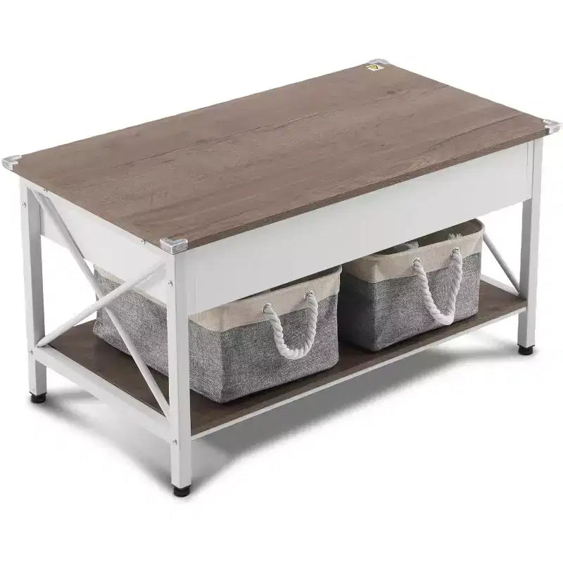 Table basse relevable blanche et marron avec bacs de rangement, usage 1 personne
