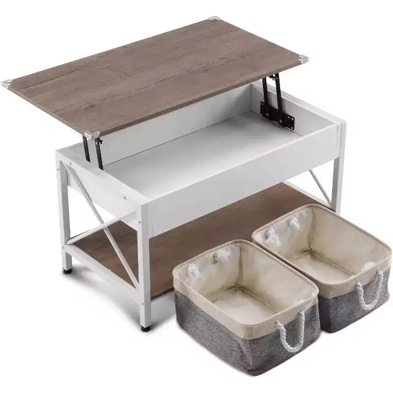 Table basse relevable blanche et marron avec bacs de rangement, usage 1 personne