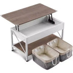 Table basse relevable blanche et marron avec bacs de rangement, usage 1 personne