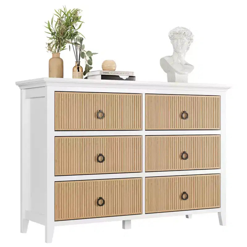 Commode en bois 6 tiroirs – Panneau cannelé, Bois mort / Couleur bois, Simple