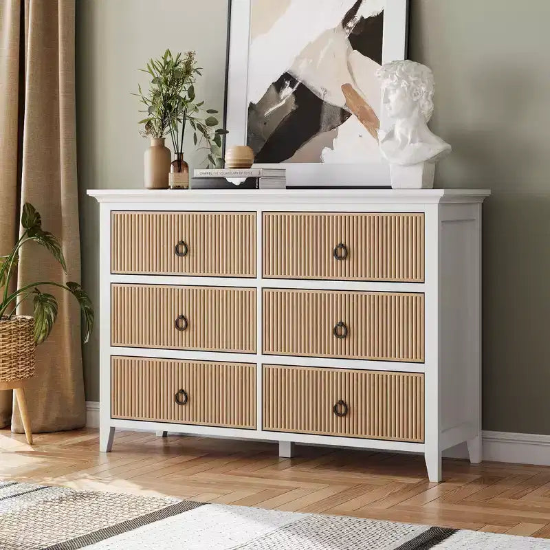 Commode en bois 6 tiroirs – Panneau cannelé, Bois mort / Couleur bois, Simple