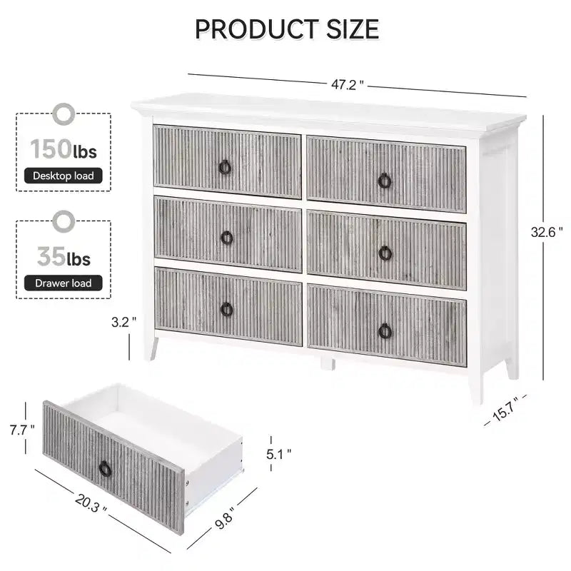 Commode en bois 6 tiroirs – Panneau cannelé, Bois mort / Couleur bois, Simple