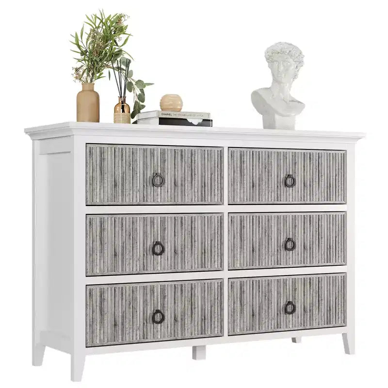 Commode en bois 6 tiroirs – Panneau cannelé, Bois mort / Couleur bois, Simple