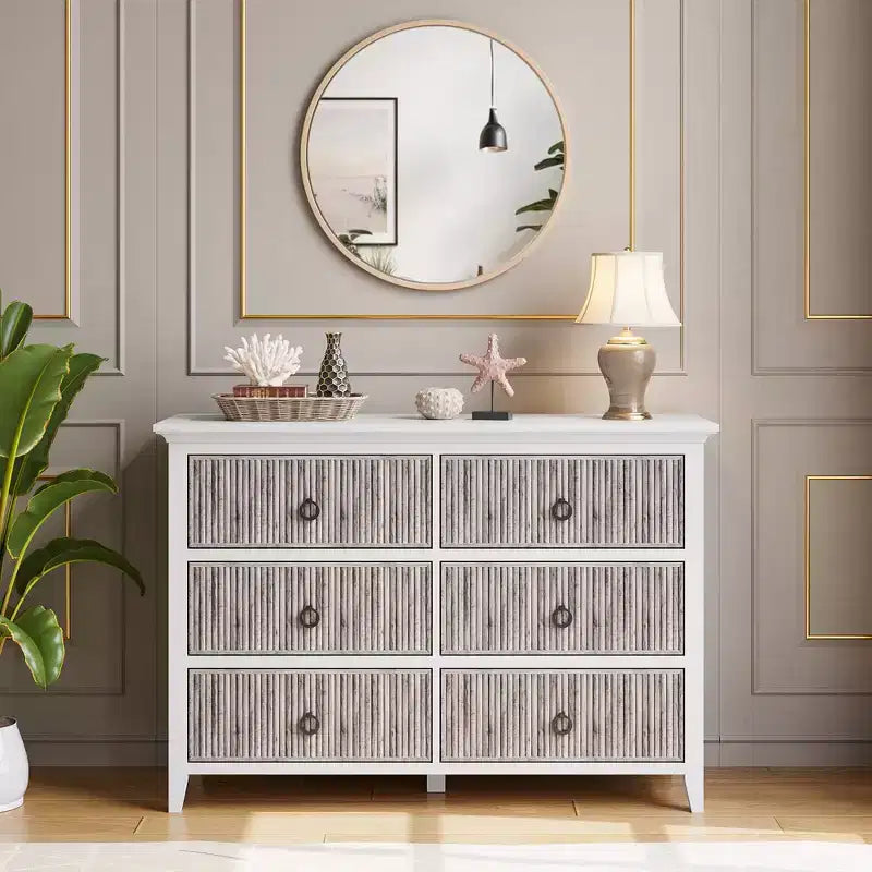 Commode en bois 6 tiroirs – Panneau cannelé, Bois mort / Couleur bois, Simple