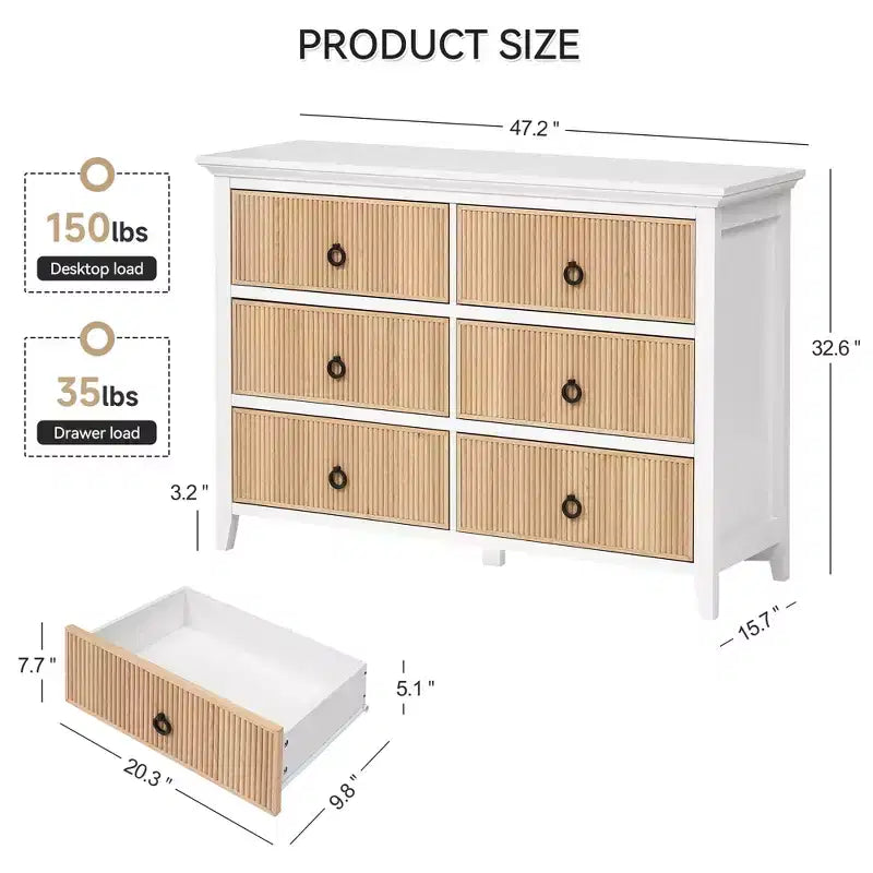 Commode en bois 6 tiroirs – Panneau cannelé, Bois mort / Couleur bois, Simple