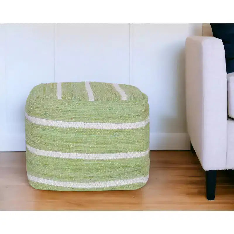 Repose-pieds/pouf ottoman cube rayé vert et blanc en coton pour une personne, 45,7 x 45,7 x 45,7 cm