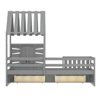 Lit cabane simple avec tiroirs de rangement, barrières de sécurité et étagère de fenêtre – Bois naturel, 1 enfant