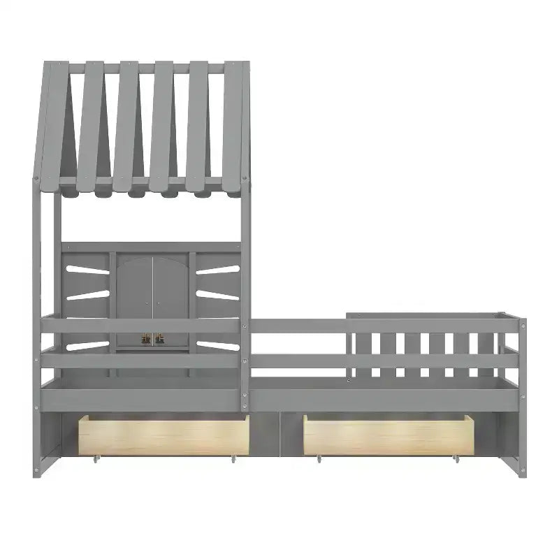 Lit cabane simple avec tiroirs de rangement, barrières de sécurité et étagère de fenêtre – Bois naturel, 1 enfant