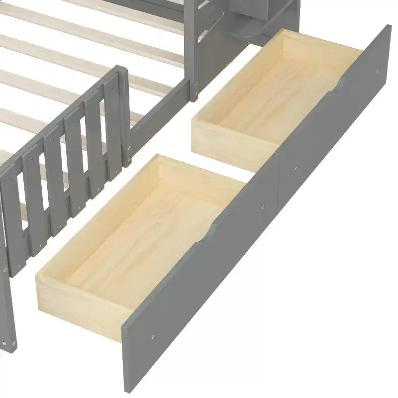 Lit cabane simple avec tiroirs de rangement, barrières de sécurité et étagère de fenêtre – Bois naturel, 1 enfant