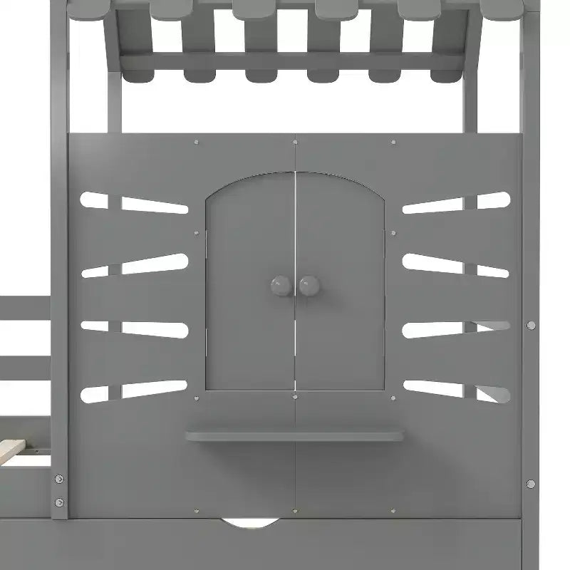 Lit cabane simple avec tiroirs de rangement, barrières de sécurité et étagère de fenêtre – Bois naturel, 1 enfant