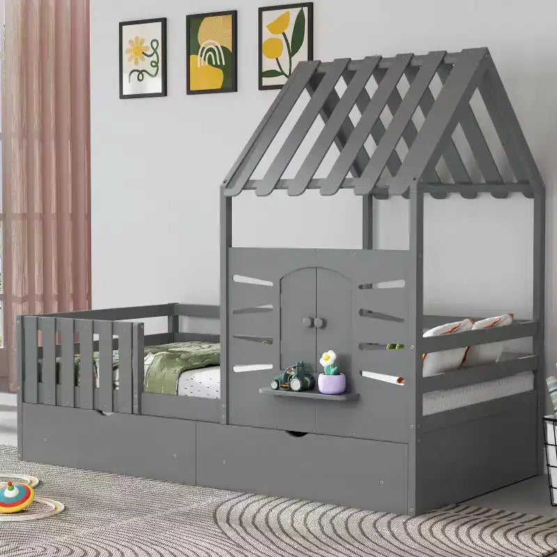 Lit cabane simple avec tiroirs de rangement, barrières de sécurité et étagère de fenêtre – Bois naturel, 1 enfant