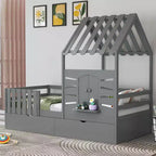 Lit cabane simple avec tiroirs de rangement, barrières de sécurité et étagère de fenêtre – Bois naturel, 1 enfant