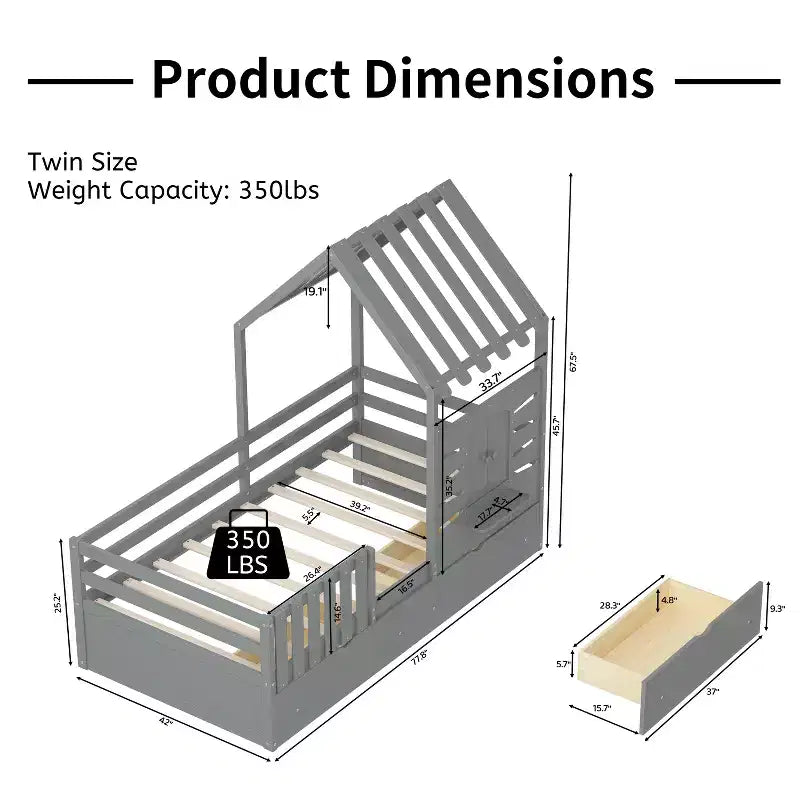 Lit cabane simple avec tiroirs de rangement, barrières de sécurité et étagère de fenêtre – Bois naturel, 1 enfant