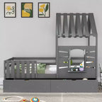 Lit cabane simple avec tiroirs de rangement, barrières de sécurité et étagère de fenêtre – Bois naturel, 1 enfant