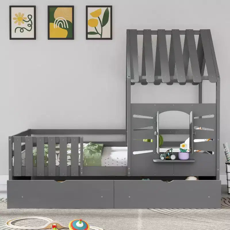 Lit cabane simple avec tiroirs de rangement, barrières de sécurité et étagère de fenêtre – Bois naturel, 1 enfant