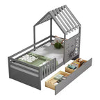 Lit cabane simple avec tiroirs de rangement, barrières de sécurité et étagère de fenêtre – Bois naturel, 1 enfant