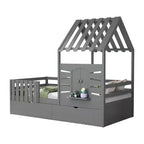 Lit cabane simple avec tiroirs de rangement, barrières de sécurité et étagère de fenêtre – Bois naturel, 1 enfant