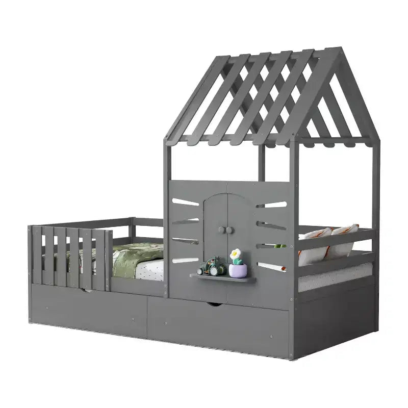 Lit cabane simple avec tiroirs de rangement, barrières de sécurité et étagère de fenêtre – Bois naturel, 1 enfant