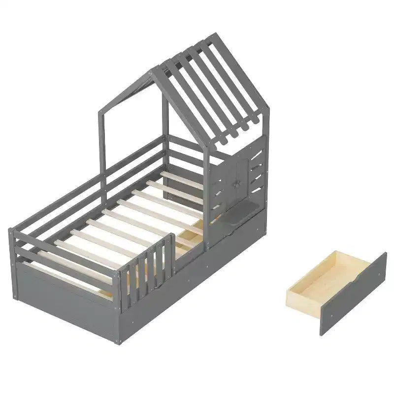 Lit cabane simple avec tiroirs de rangement, barrières de sécurité et étagère de fenêtre – Bois naturel, 1 enfant