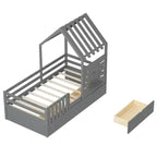 Lit cabane simple avec tiroirs de rangement, barrières de sécurité et étagère de fenêtre – Bois naturel, 1 enfant
