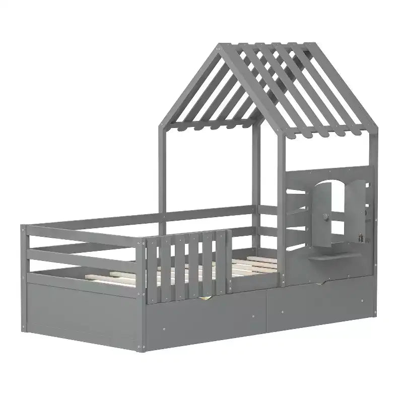Lit cabane simple avec tiroirs de rangement, barrières de sécurité et étagère de fenêtre – Bois naturel, 1 enfant