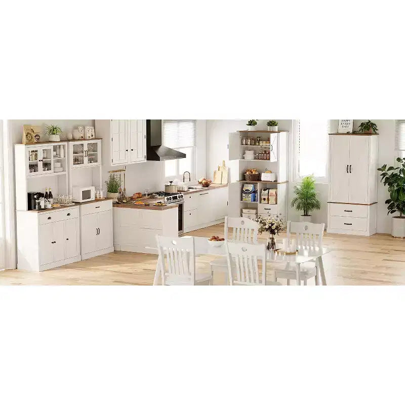 Garde-manger de cuisine autoportant Pastoral Gray / Washed White avec portes de grange, tiroir et étagères réglables