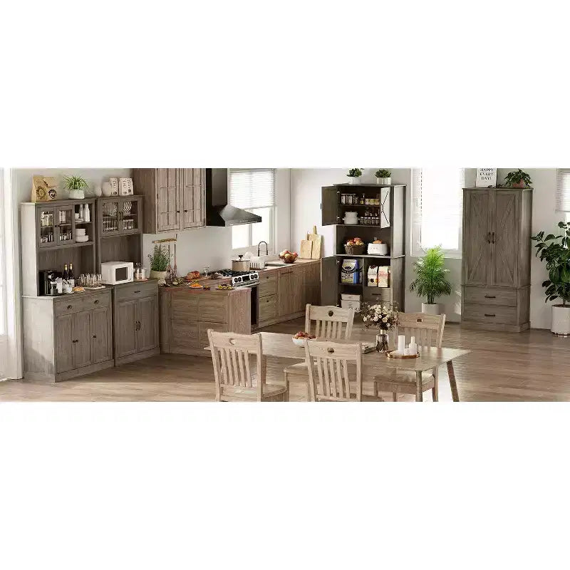 Garde-manger de cuisine autoportant Pastoral Gray / Washed White avec portes de grange, tiroir et étagères réglables