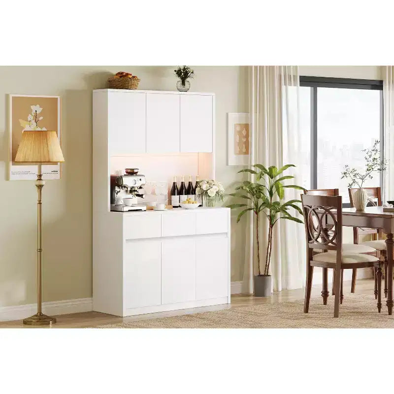 Garde-manger de cuisine 6 portes gris/blanc avec lumières LED et prises de courant