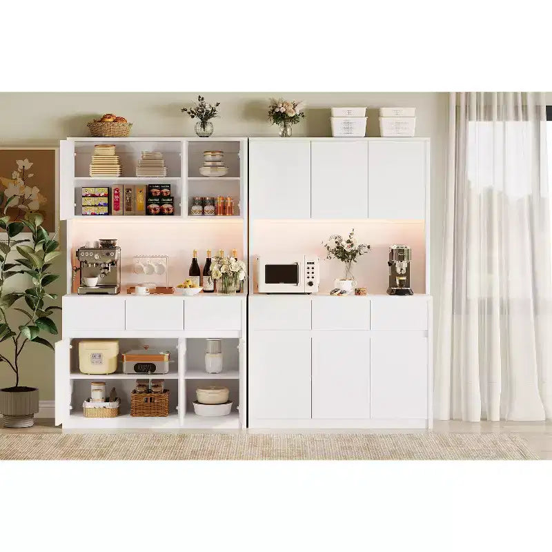 Garde-manger de cuisine 6 portes gris/blanc avec lumières LED et prises de courant