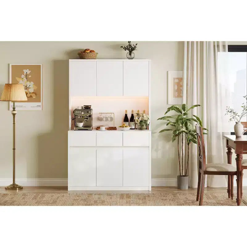 Garde-manger de cuisine 6 portes gris/blanc avec lumières LED et prises de courant