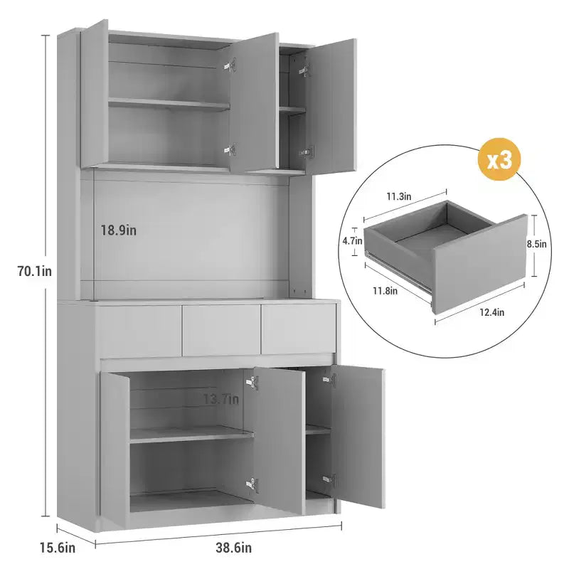 Garde-manger de cuisine 6 portes gris/blanc avec lumières LED et prises de courant
