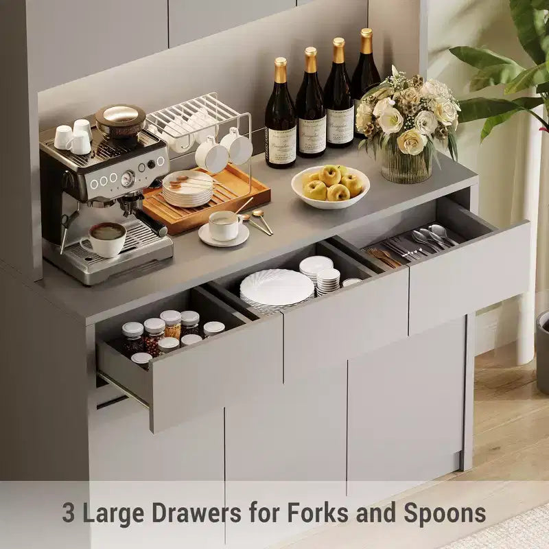 Garde-manger de cuisine 6 portes gris/blanc avec lumières LED et prises de courant