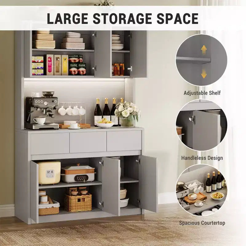 Garde-manger de cuisine 6 portes gris/blanc avec lumières LED et prises de courant