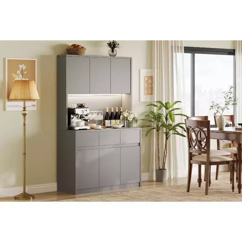 Garde-manger de cuisine 6 portes gris/blanc avec lumières LED et prises de courant
