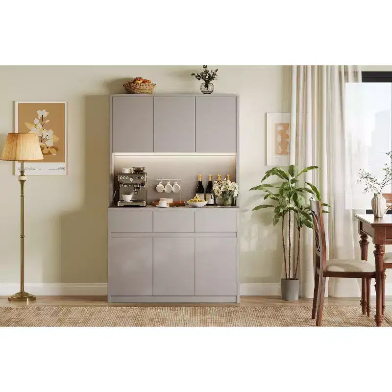 Garde-manger de cuisine 6 portes gris/blanc avec lumières LED et prises de courant