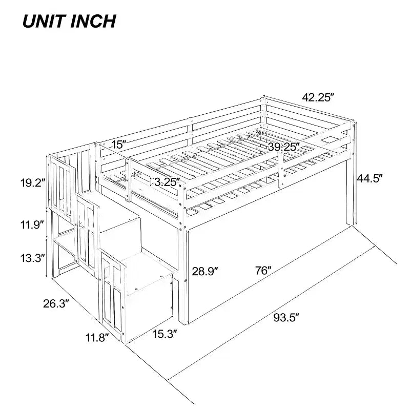 Lit mezzanine jumeau blanc avec toboggan et escalier pour 1 personne