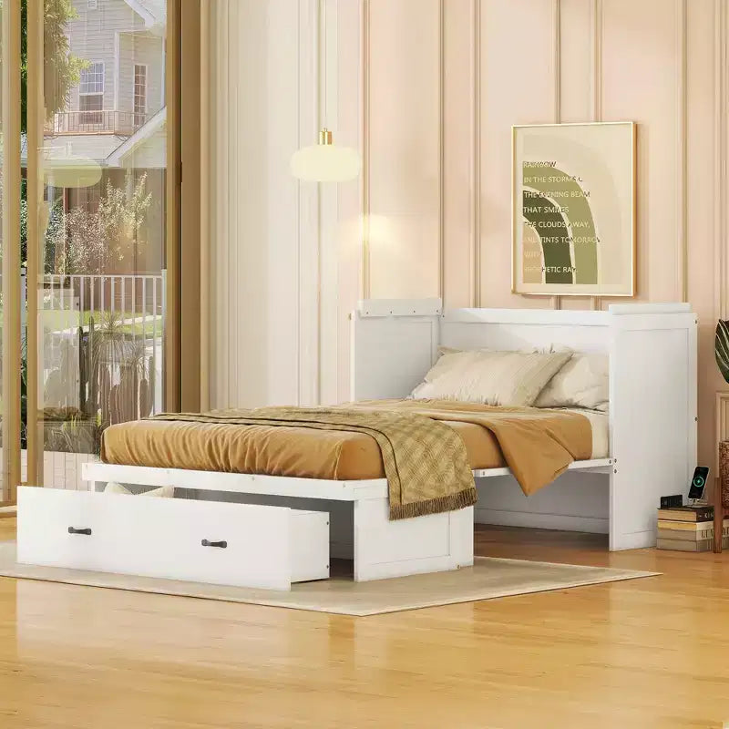 Murphy Bed Cabinet Full, Wood Mobile Murphy Chest Bed with USB Ports and Storage Drawers, White