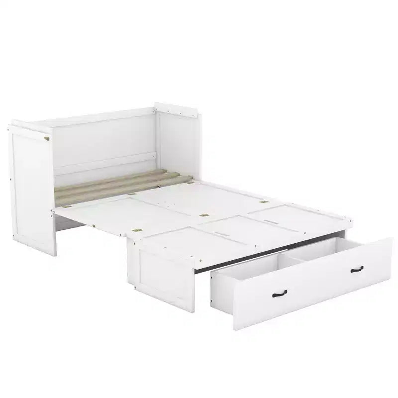Lit armoire escamotable blanc avec ports USB et tiroirs de rangement, 2-en-1, pour 1 personne