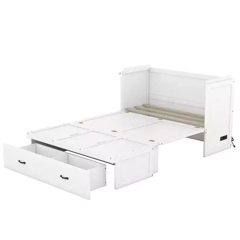 Lit armoire escamotable blanc avec ports USB et tiroirs de rangement, 2-en-1, pour 1 personne