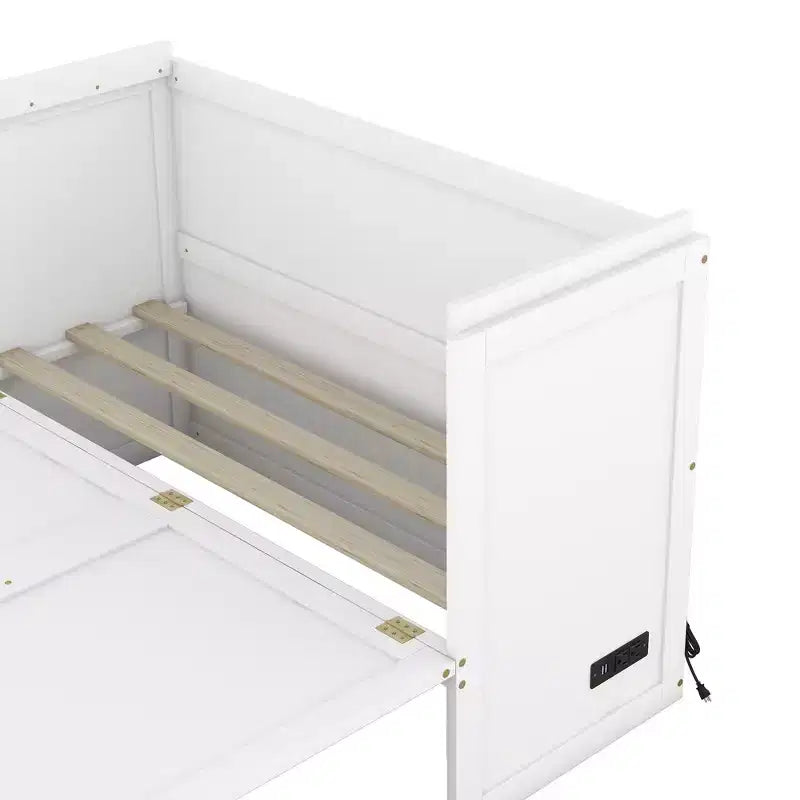 Lit armoire escamotable blanc avec ports USB et tiroirs de rangement, 2-en-1, pour 1 personne