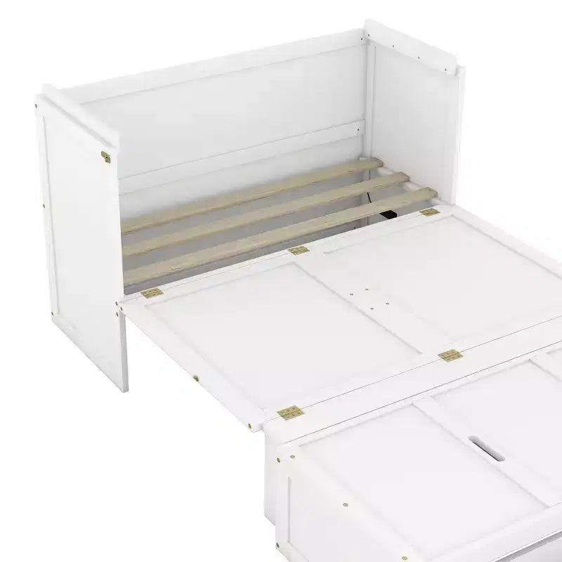 Lit armoire escamotable blanc avec ports USB et tiroirs de rangement, 2-en-1, pour 1 personne