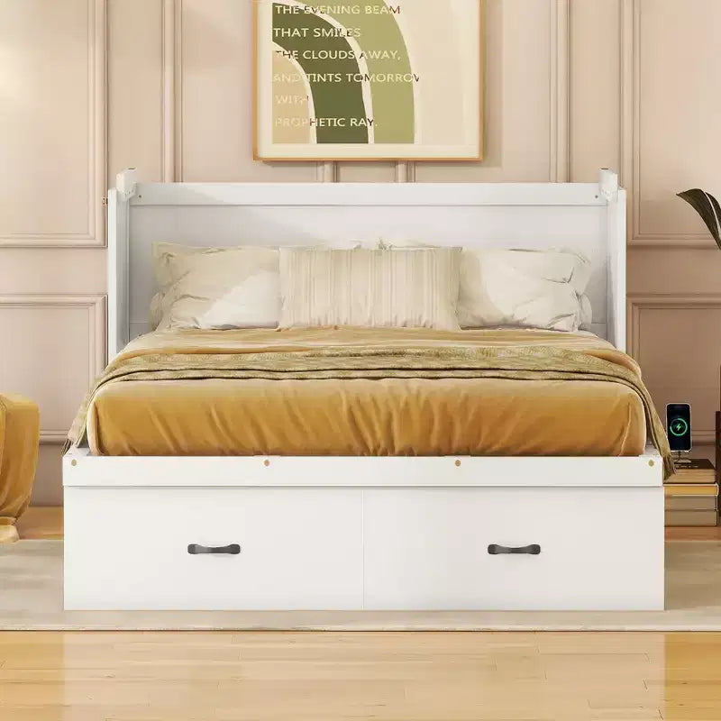 Lit armoire escamotable blanc avec ports USB et tiroirs de rangement, 2-en-1, pour 1 personne