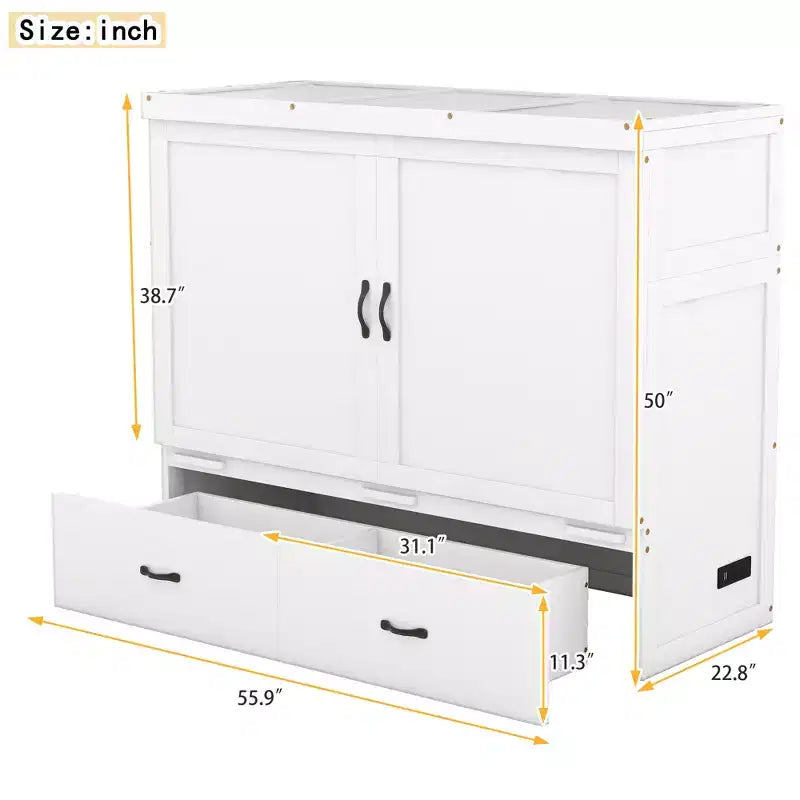 Lit armoire escamotable blanc avec ports USB et tiroirs de rangement, 2-en-1, pour 1 personne