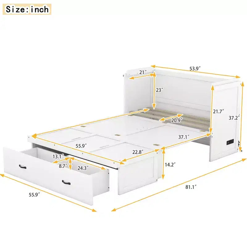Lit armoire escamotable blanc avec ports USB et tiroirs de rangement, 2-en-1, pour 1 personne