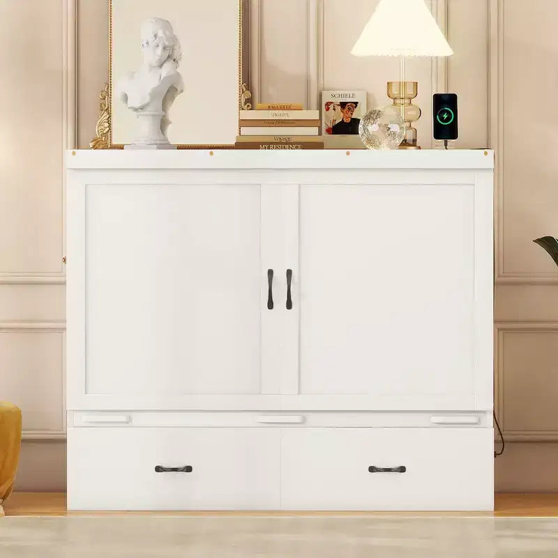 Lit armoire escamotable blanc avec ports USB et tiroirs de rangement, 2-en-1, pour 1 personne