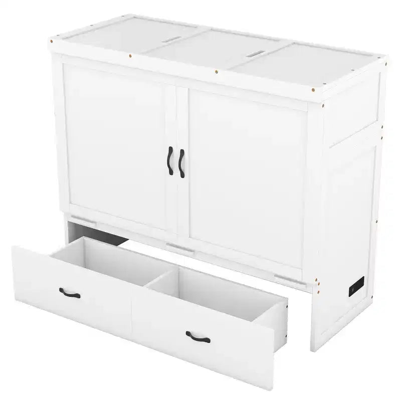 Lit armoire escamotable blanc avec ports USB et tiroirs de rangement, 2-en-1, pour 1 personne