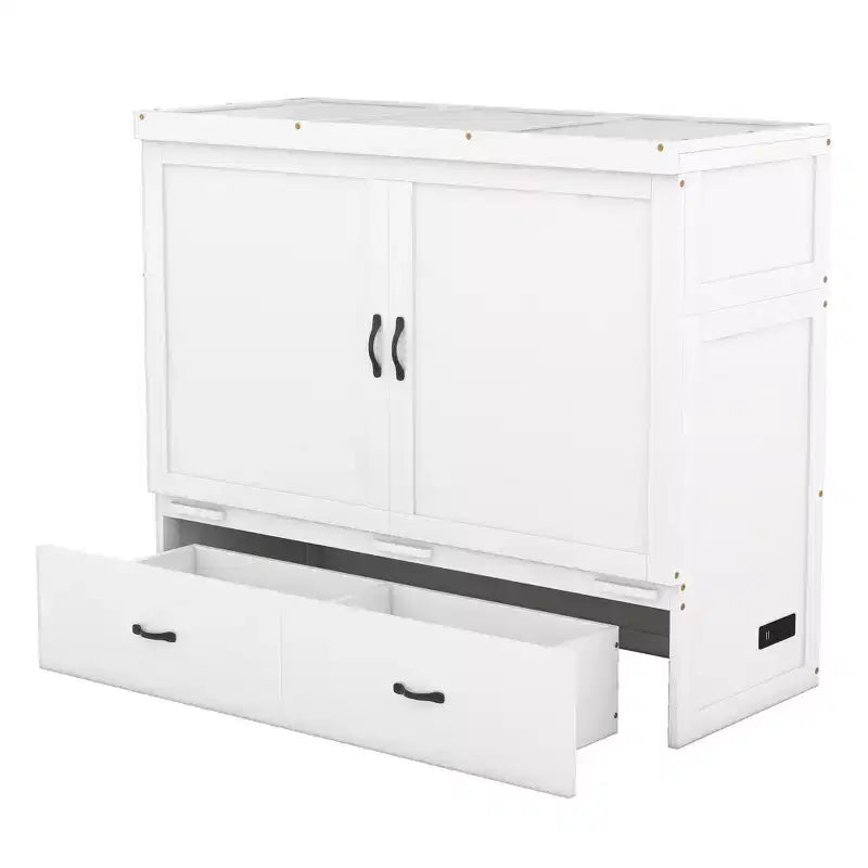 Lit armoire escamotable blanc avec ports USB et tiroirs de rangement, 2-en-1, pour 1 personne