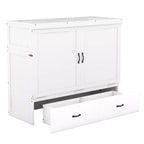 Lit armoire escamotable blanc avec ports USB et tiroirs de rangement, 2-en-1, pour 1 personne