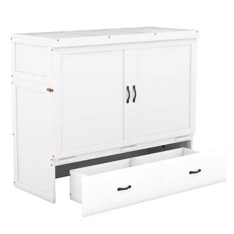 Lit armoire escamotable blanc avec ports USB et tiroirs de rangement, 2-en-1, pour 1 personne